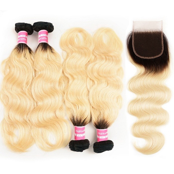 Kriyya Body Wave Remy Human Hair T1B/613 Ombre 4 Bundles With Lace Closure 4x4 Inch Malaysian Hair