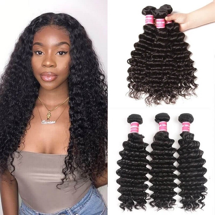 Kriyya Peruvian Deep Wave Hair Closure 4X4 Inch With 3 Bundles Virgin Hair