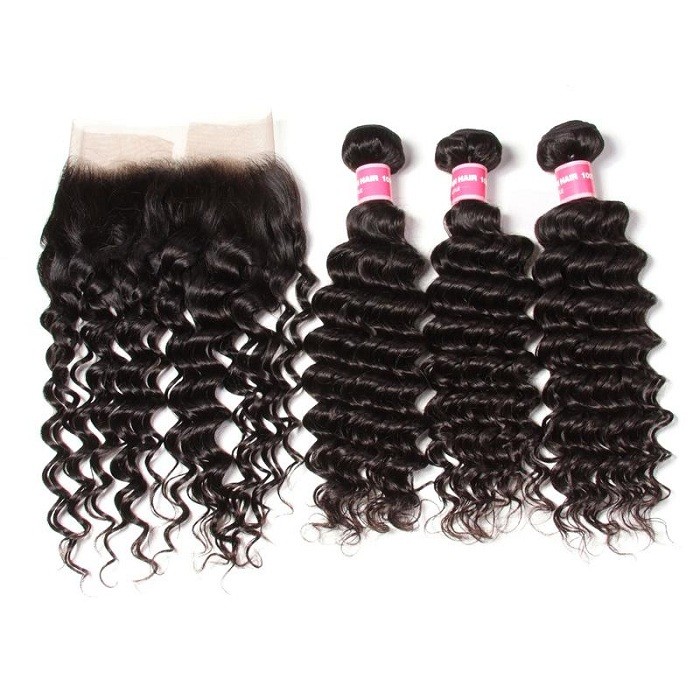Kriyya Indian Hair 3 Bundles Deep Wave 100 Human Hair Weave With 13*4 Lace Frontal