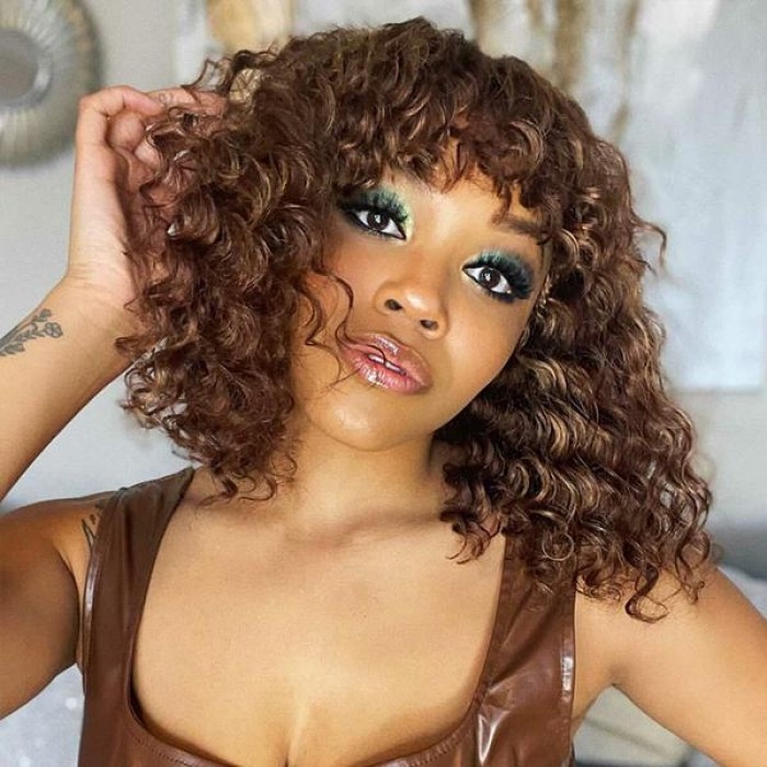 Kriyya Highlight Brown Deep Curly Wig Machine Made Human Hair Colored Wigs With Bangs