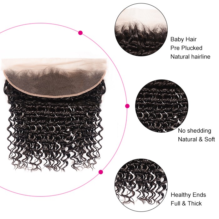 Kriyya 3 Pcs Deep Wave Virgin Hair Bundles With 13*4 Lace Frontal Malaysian Human Hair