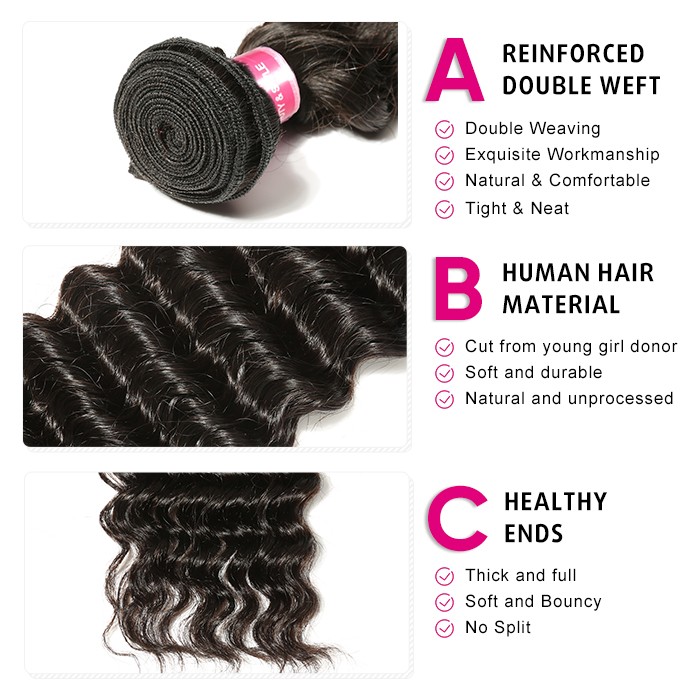 Kriyya 3 Pcs Deep Wave Virgin Hair Bundles With 13*4 Lace Frontal Malaysian Human Hair