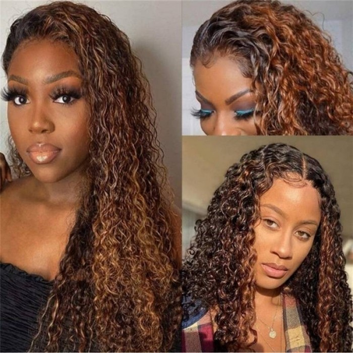 Kriyya Balayage Highlight 13x4 Lace Front Wigs Jerry Curly Human Hair Brown Highlight Colored Wigs 150% Density