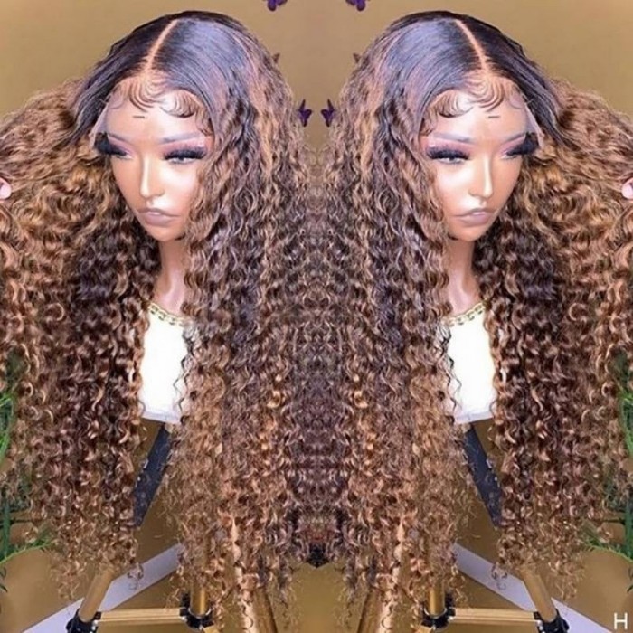 Kriyya Balayage Highlight 13x4 Lace Front Wigs Jerry Curly Human Hair Brown Highlight Colored Wigs 150% Density
