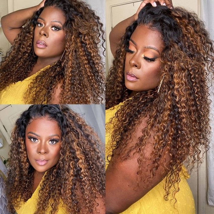 Kriyya Balayage Highlight 13x4 Lace Front Wigs Jerry Curly Human Hair Brown Highlight Colored Wigs 150% Density