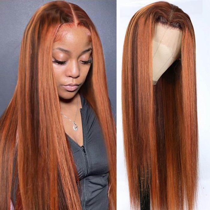 Kriyya Straight Lace Front Wig Highlight  Copper Red Highlight Virgin Human Hair Wig 150% Density