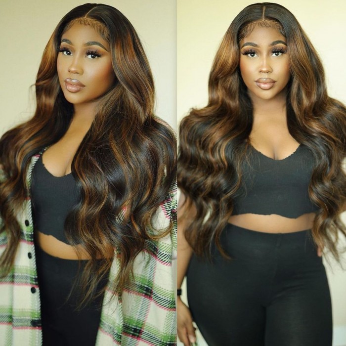 Kriyya Bronde Highlight Virgin Hair T Part Lace Wig Balayage Body Wave Lace Wigs
