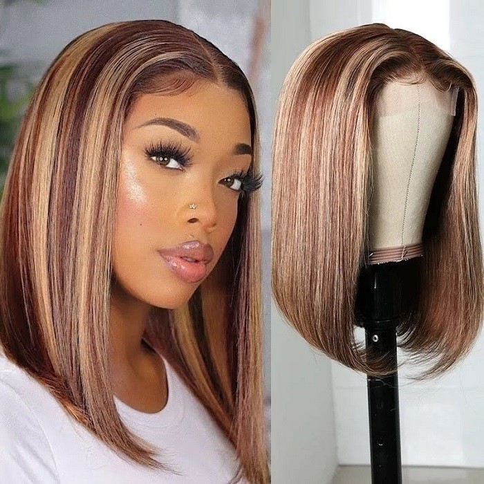 Kriyya 13x4 Highlight Bob Lace Front Wigs With Baby Hair Honey Blonde Ombre Human Hair Wigs With Streaks 150% Density