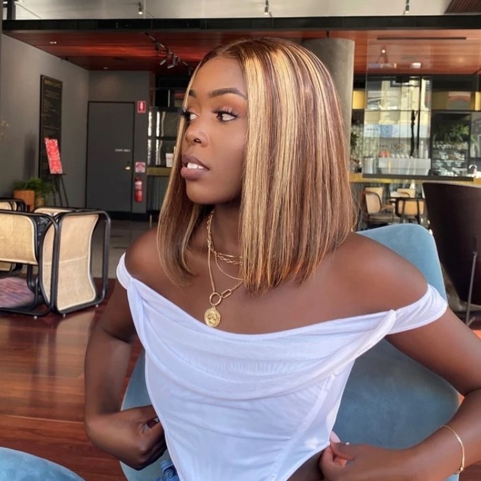 Kriyya 13x4 Highlight Bob Lace Front Wigs With Baby Hair Honey Blonde Ombre Human Hair Wigs With Streaks 150% Density