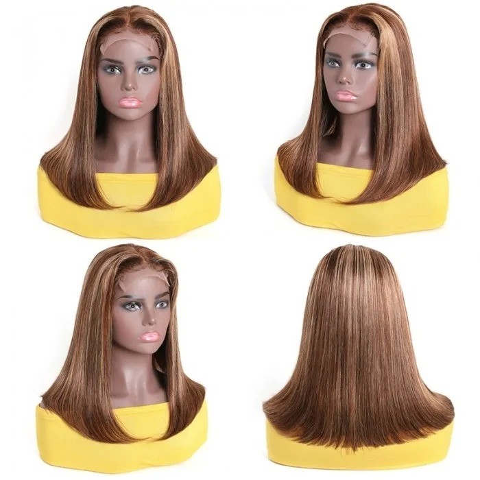 Kriyya 13x4 Highlight Bob Lace Front Wigs With Baby Hair Honey Blonde Ombre Human Hair Wigs With Streaks 150% Density