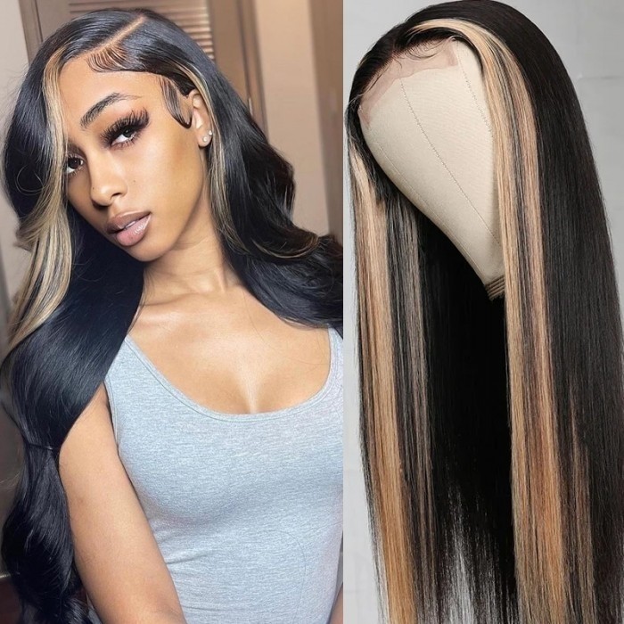 Flash Sale Blonde Streak Highlight 13x4 Lace Front Wig Straight Lace Wig180% Density