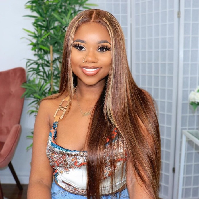 Kriyya 4 Inch Lace Straight Lace Part Wig Honey Blond Highlight Human Hair Wigs