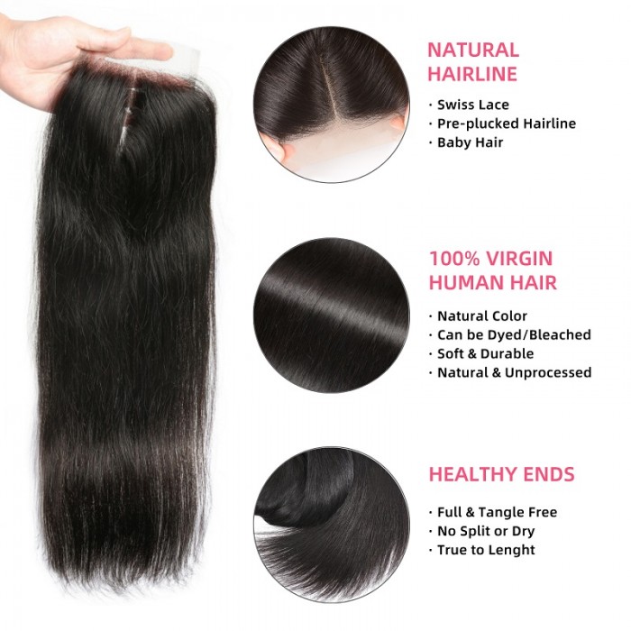 Kriyya 4 Pieces Straight Indian Hair Bundles With 4X4 Lace Closure