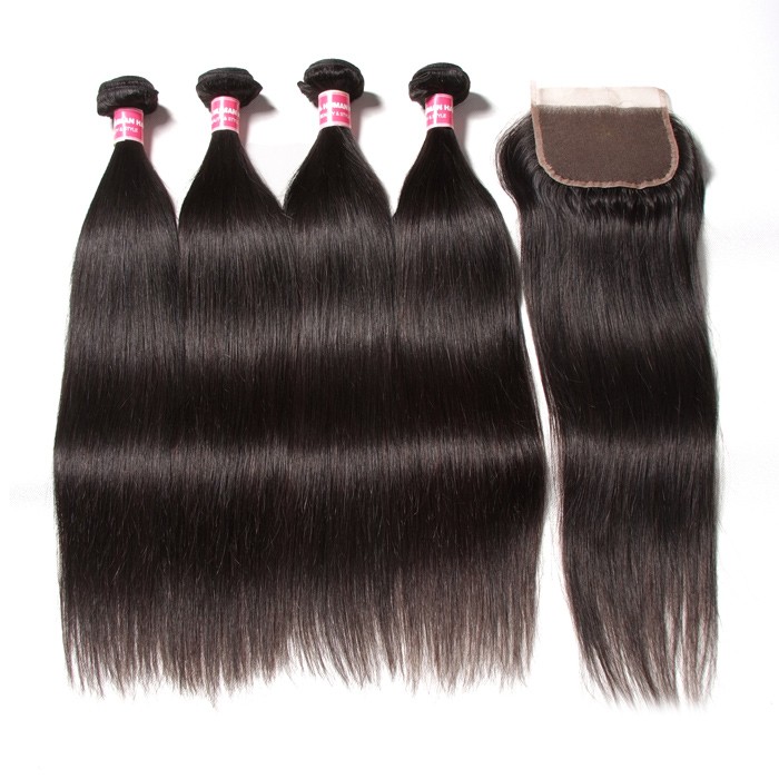 Kriyya 4 Pieces Straight Indian Hair Bundles With 4X4 Lace Closure