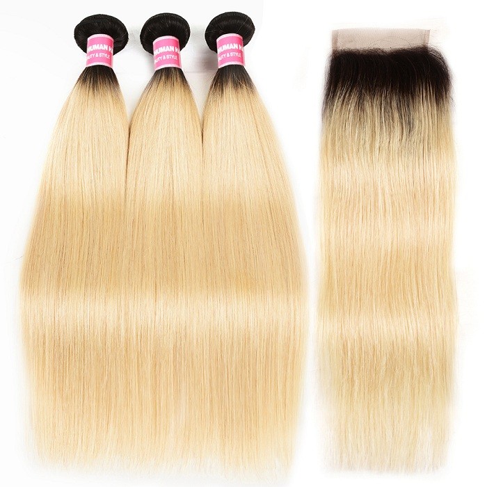 Kriyya Indian Hair 3 Bundles T1B/613 Color Straight Virgin Hair With 4x4 Lace Closure