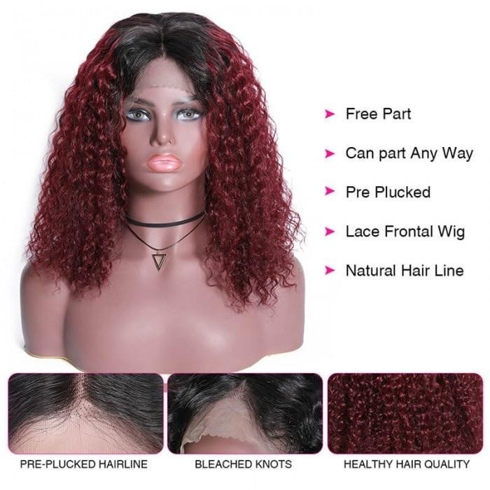Kriyya 99J Ombre Jerry Curly Lace Bob Wig Burgundy 13x4 Lace Front  Human Hair Wigs 150% Density