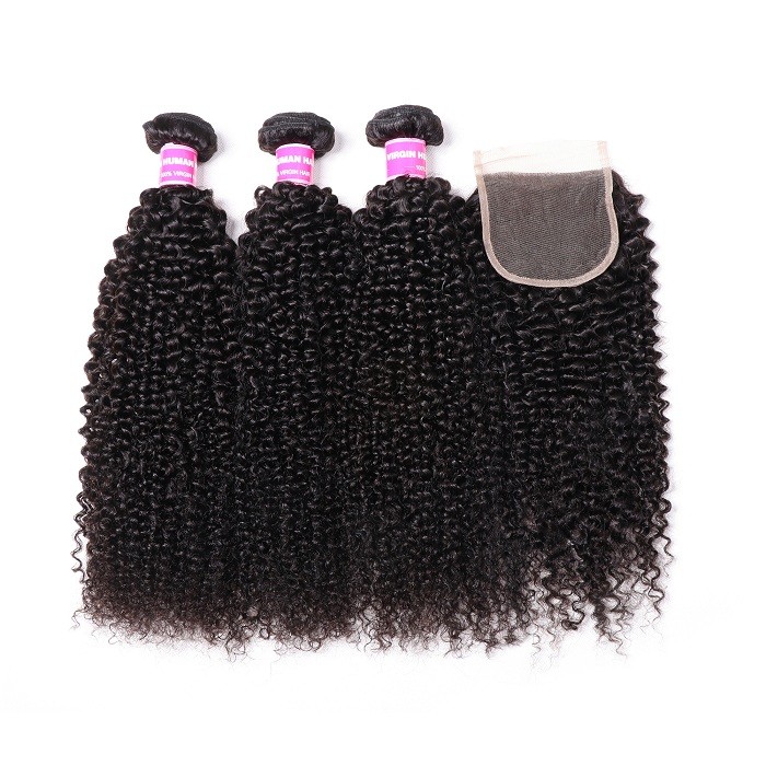 Kriyya 3 Bundles Kinky Curly 100% Virgin Hair With 4*4 Inch Lace Closure