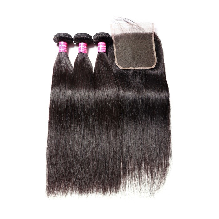 Kriyya Malaysian Human Hair Straight 3 Bundles With Lace Closure 5*5 Inch