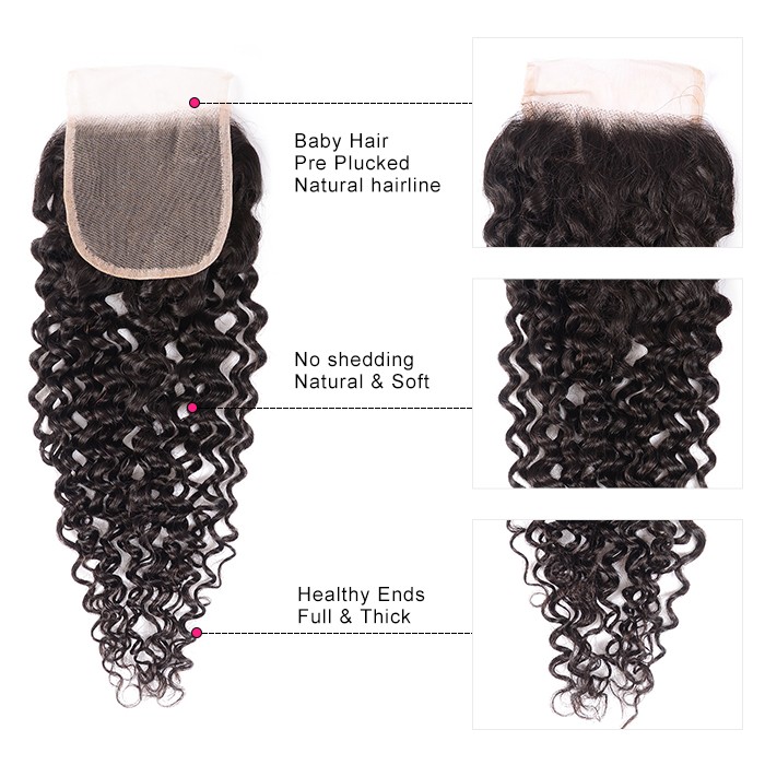 Kriyya Brazilian Jerry Curly Virgin Remy Hair 3 Bundles With 4*4 Transparent Lace Closure