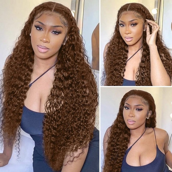 Kriyya New 4X4 Lace Part Curly Wig #4 Medium Brown Color 100% Human Hair Wig