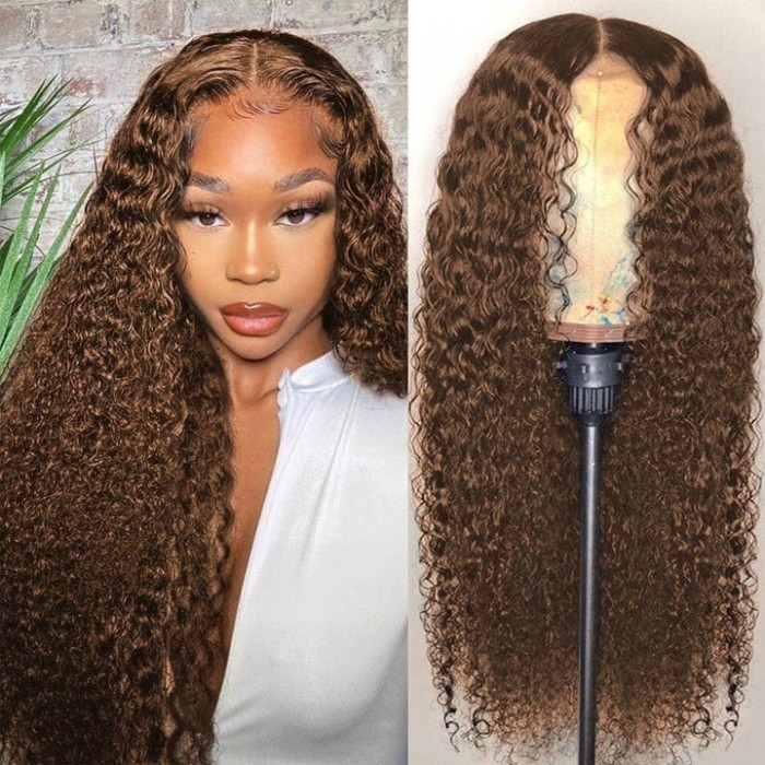 Kriyya New 4X4 Lace Part Curly Wig #4 Medium Brown Color 100% Human Hair Wig