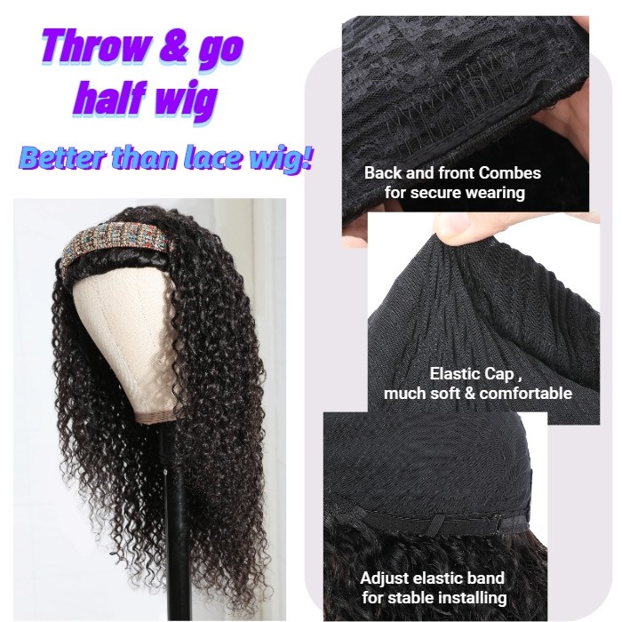 Kriyya Jerry Curly Wigs 3/4 Half Wig Brazilian Virgin Remy Hair Glueless Wigs Natural Color