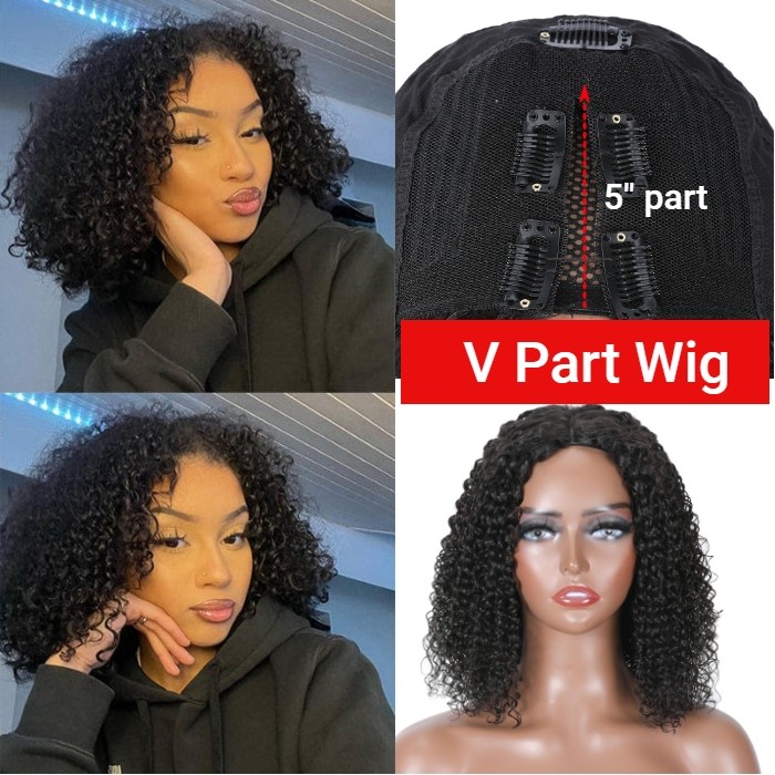 Kriyya No Leave Out V Part Glueless Jerry Curly Bob Real Scalp Human Hair Wig