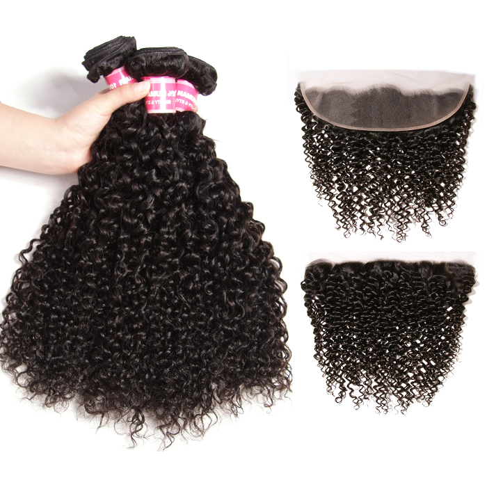 Kriyya Brazilian Virgin Human Hair Jerry Curly 3 Bundles With 13*4 Transparent Lace Frontal