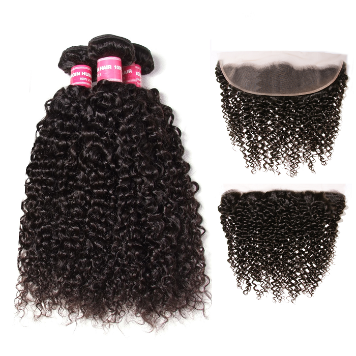 Kriyya Malaysian 100% Human Hair Jerry Curly 3 Bundles With Transparent Lace Closure 13*4 Inch