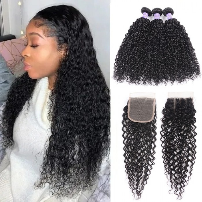 Kriyya Brazilian Jerry Curly Virgin Remy Hair 3 Bundles With 4*4 Lace Closure