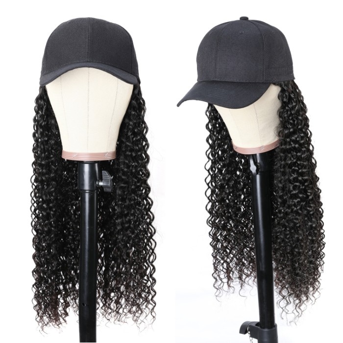 Kriyya Fashion New Jerry Curly Human Hair Wig Adjustable Natural Black Baseball Cap With Hair 20 inch