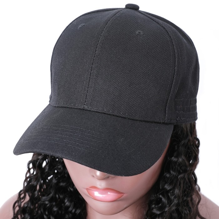 Kriyya Fashion New Jerry Curly Human Hair Wig Adjustable Natural Black Baseball Cap With Hair 20 inch