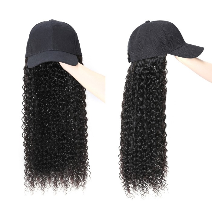 Kriyya Fashion New Jerry Curly Human Hair Wig Adjustable Natural Black Baseball Cap With Hair 20 inch