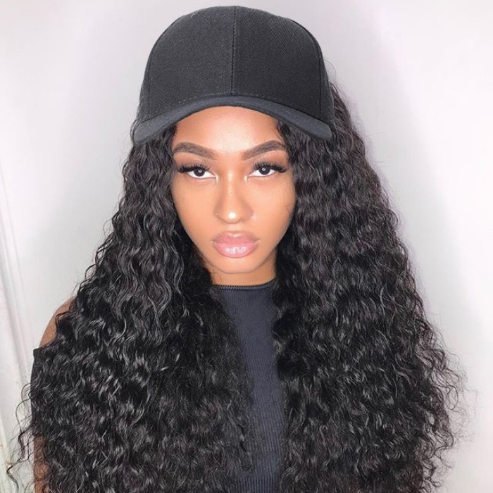 Kriyya Fashion New Jerry Curly Human Hair Wig Adjustable Natural Black Baseball Cap With Hair 20 inch
