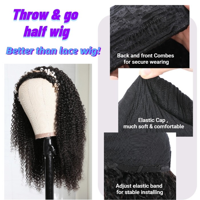 Kriyya Kinky Curly 3/4 Half Wig Glueless Wigs Kinky Curly Virgin Human Hair Wig 150% Density