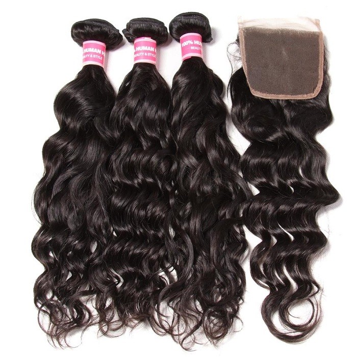 Kriyya Indian Virgin Remy Hair 3 Bundles Natural Wave With 4*4 Lace Closure