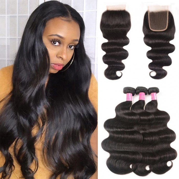 Kriyya Best Maysian Body Wave Weave 3 Bundles With 4X4 Lace Closure Sew In  