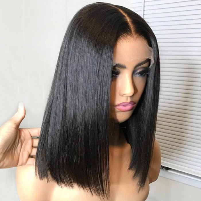 Kriyya Katy Perry Inspired Soft Blunt Bob Straight Wig Make Hair Look Thicker 13x5 Middle T-Part Lace