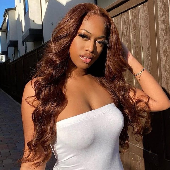 Kriyya Strawberry Brunette Human Hair Body Wave Wig 13x4 Lace Front With Baby Hair 150% Density