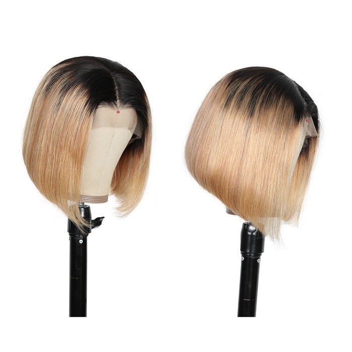 Kriyya 13x4 Short Bob Lace Front Wig Blunt Cut Ombre Blonde Human Hair Wigs 150% Density  
