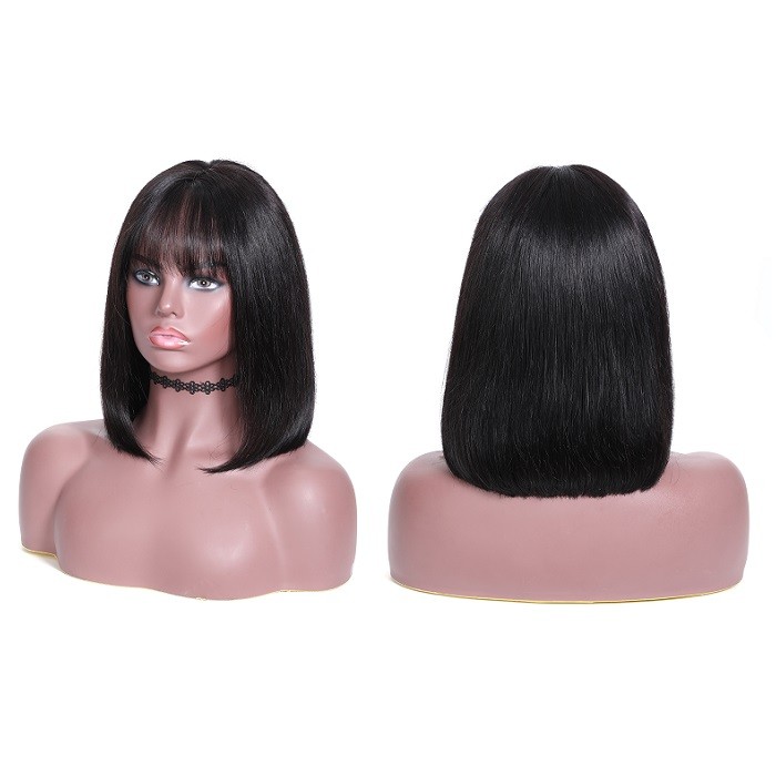 Kriyya Straight Short Bob Lace Front Wig With Bangs 150% Density 13x4 Pre Plucked Human Hair Wig