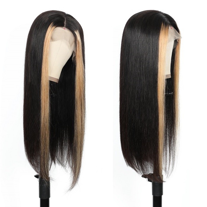 Kriyya 13x4 Straight Lace Front Wigs With Streaks Honey Blonde Highlight Wig Human Hair 180% Density