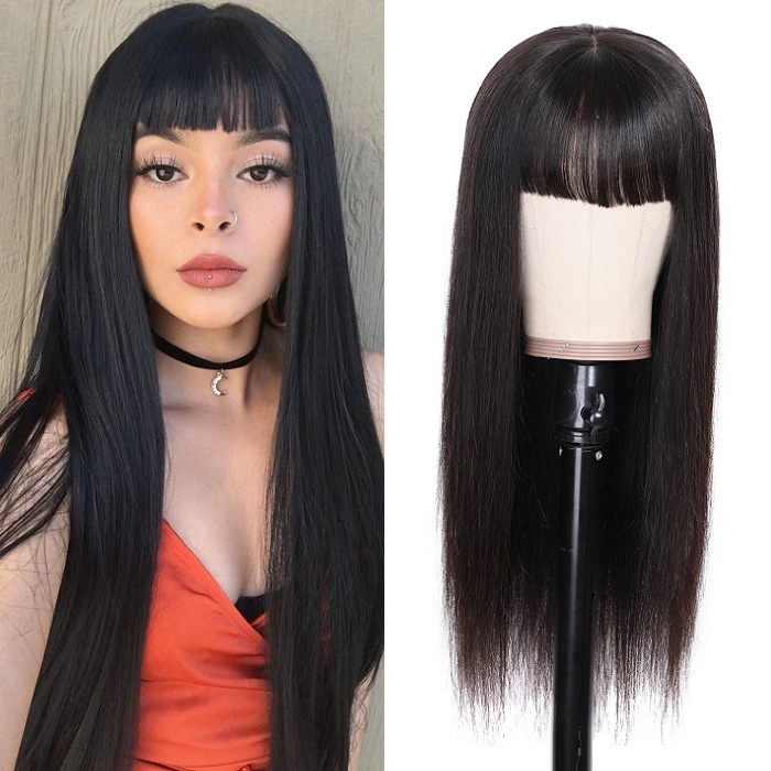 Kriyya 13x4 Transparent Lace Straight Human Hair Wigs With Bangs 130% 150% Density