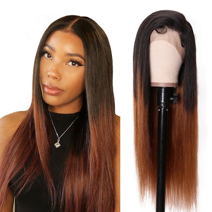 Kriyya 13x6 Straight Human Hair Lace Front Wigs 150% Density T1B4 Color
