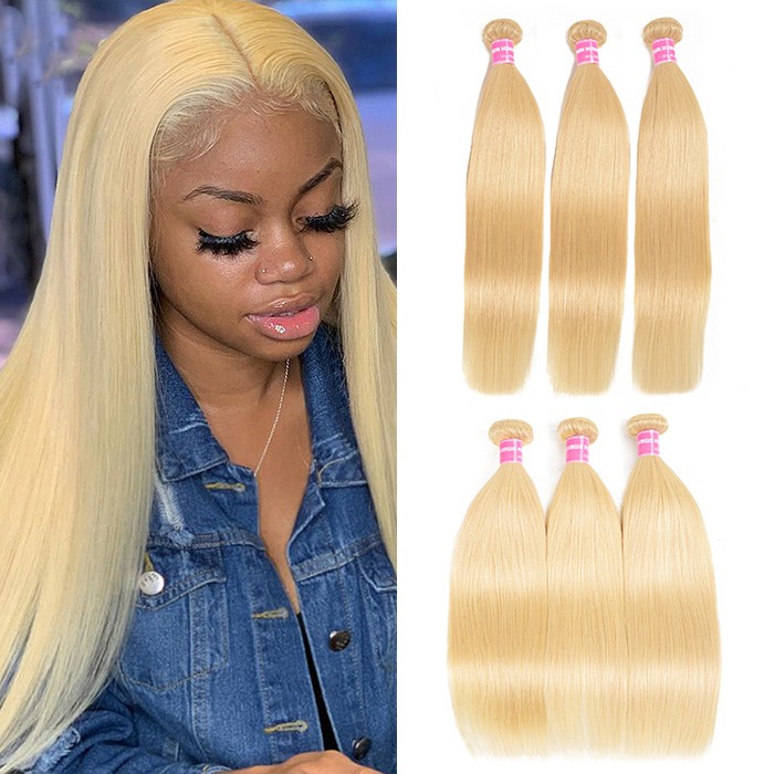 Kriyya 3 Bundles 613 Blonde Straight Human Hair Weave Brazilian Hair