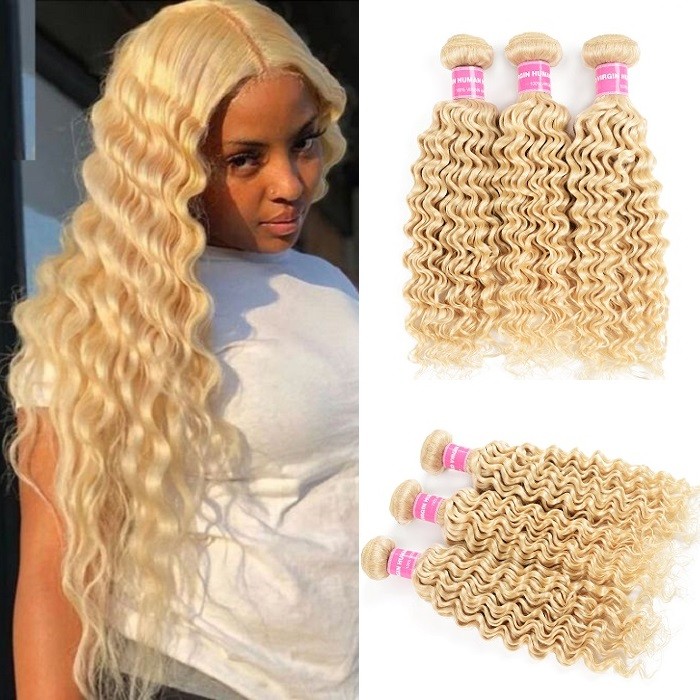 Kriyya 3 Bundles Brazilian Deep Wave Human Hair Weave Hair 613 Color |  