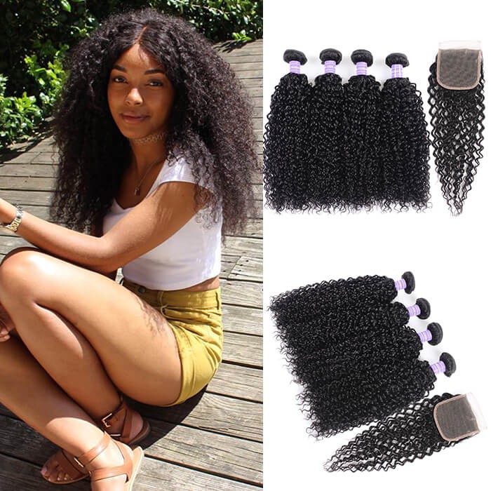 Kriyya 4 Bundles Indian Jerry Curly Hair Weave With Closure 4x4 Inch