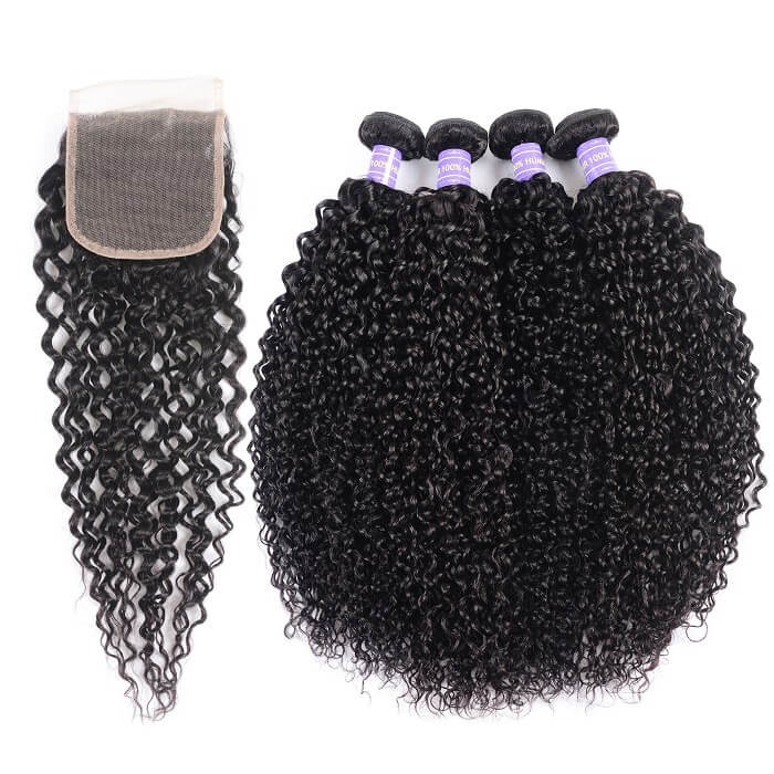Kriyya 4 Bundles Indian Jerry Curly Hair Weave With Closure 4x4 Inch