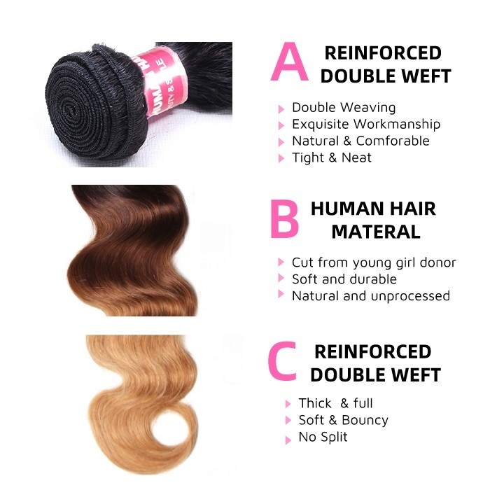 Kriyya Body Wave Virgin Hair Three Tone Ombre 3 Bundles With Lace Closure 4x4 Inch Malaysian Hair