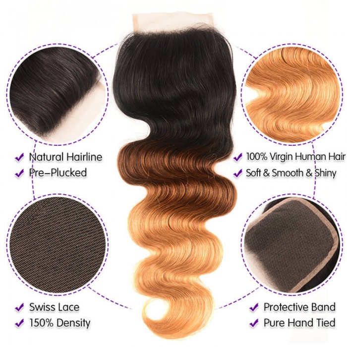 Kriyya Brazilian Hair Three Tone Ombre 4 Pcs Body Wave 100 Real Human Hair Weave With 4x4 Lace Closure